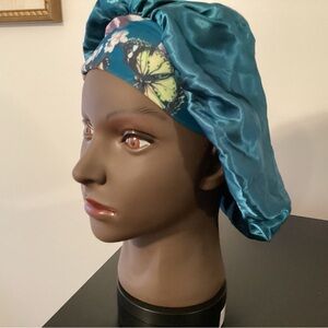 Teal Satin Bonnet with Butterfly Print
